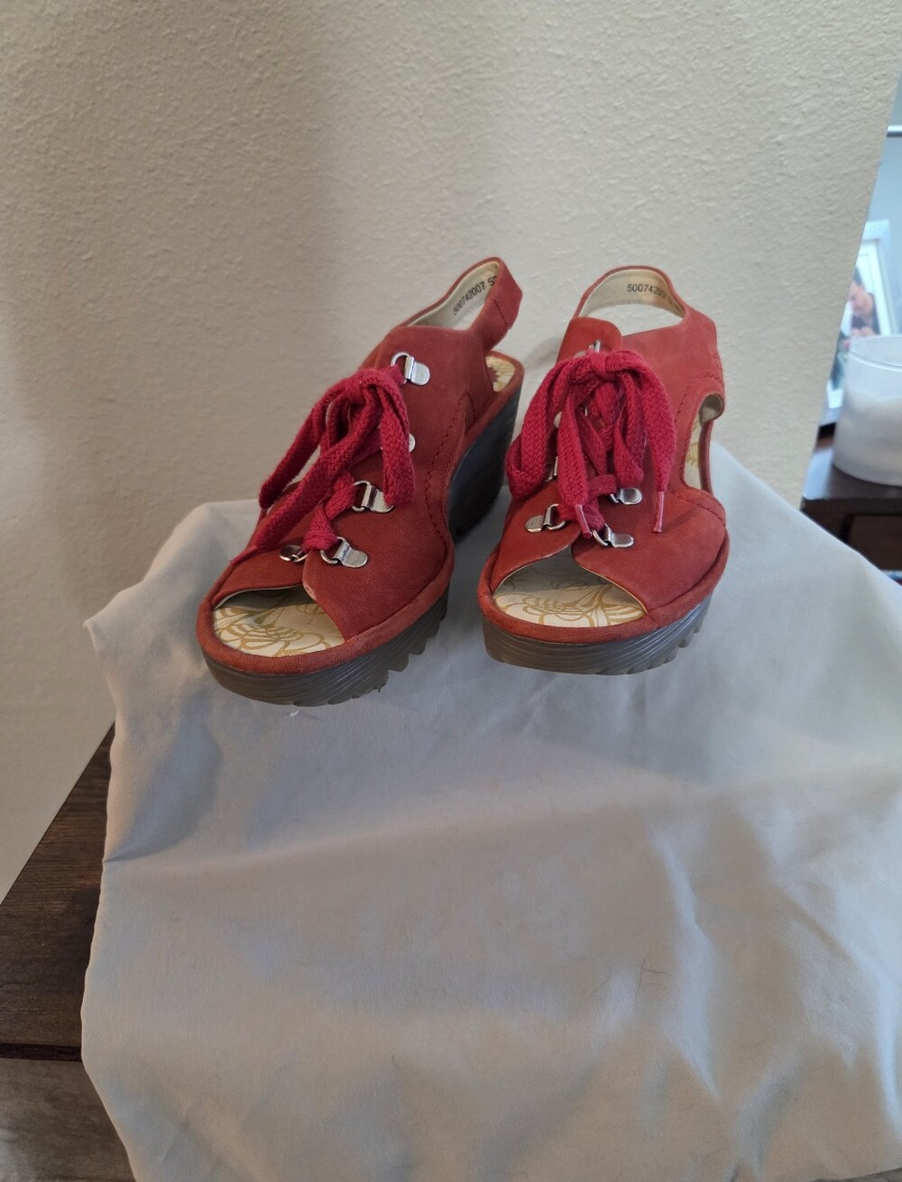 Fly London Red Suede Lace-Up Platform Mules